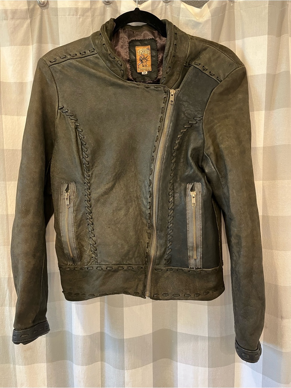 Tribal Leather Moto Jacket with Braided Stitching